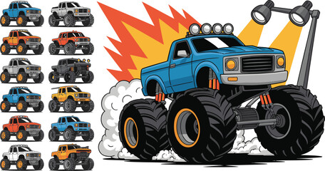 Cartoon Monster Truck Vector Illustration with Oversized Wheels, Flames, and Smoke – Fun and Colorful Off-Road Vehicle Clipart for Kids and Automotive Designs   © msmdesign