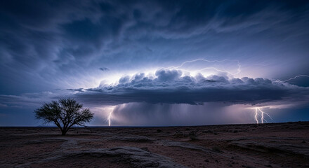 Mesmerizing Lightning Storm Over Lone Tree in Desert Landscape