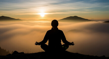 Silhouette of a Person Meditating at Sunrise Above the Clouds