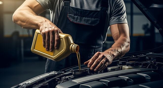 Expert Mechanic Performing an Oil Change  Precision and Care for Your Vehicle's Engine - Powered by Adobe