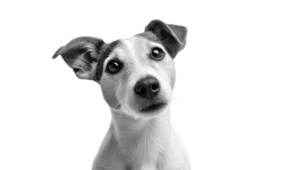 Curious Canine's Gaze: A captivating black-and-white portrait of a Jack Russell Terrier, tilted head and inquisitive eyes, epitomizing the playful charm of canine companionship.