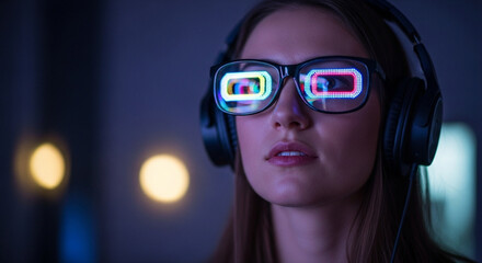 Woman Wearing Headphones and Glasses with Futuristic Neon Lights