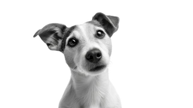 Curious Canine's Gaze: A captivating black-and-white portrait of a Jack Russell Terrier, tilted head and inquisitive eyes, epitomizing the playful charm of canine companionship.