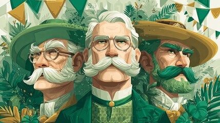 Three Men in Green Hats with Mustaches Celebrating