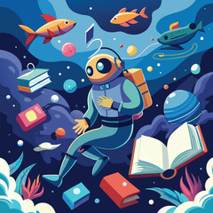 A deep-sea diver plunging into a surreal ocean of thoughts?swimming past floating books, sleeping clouds, and memory fish..eps