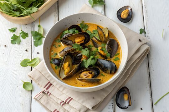 sururu stew in bowl isolated on white wood background 
