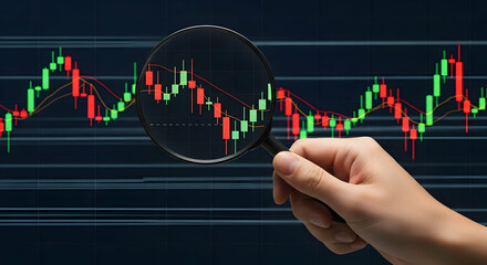 Analyzing Stock Chart with Magnifying Glass on Dark Blue Background