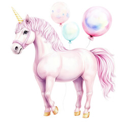 Fototapeta premium Adorable pastel pink unicorn with flowing mane and tail surrounded by colorful helium balloons in a whical fantasy scene
