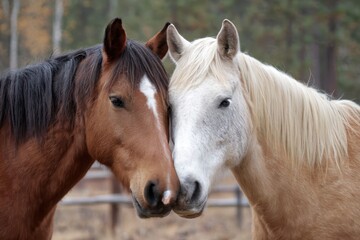 Obraz premium two horses nuzzling each other in a pasture