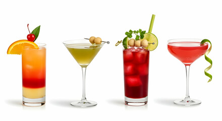 Colorful Assorted Cocktails on White Background, Refreshing Drinks