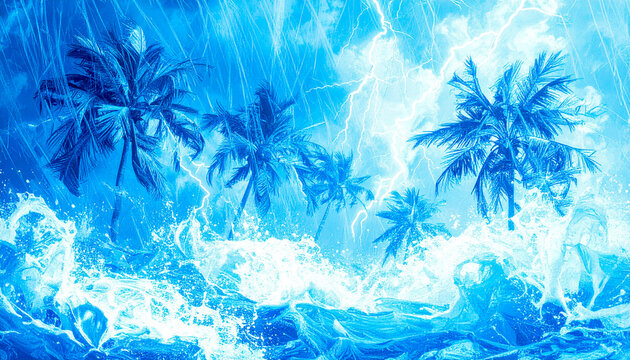 blue and White Abstract Painting of Palm Trees Blowing in a Tropical Storm 201