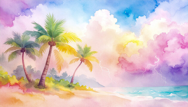 Colorful Watercolor Painting of Palm Trees Blowing in the Wind on a Secluded Beach 277