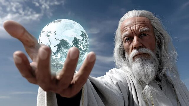 Elderly bearded man holds futuristic glowing globe against sunny blue sky