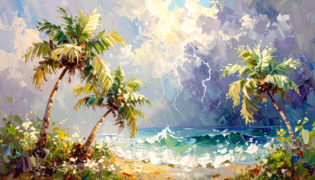 Watercolor Painting of Palm Trees Blowing During a Tropical Storm 299