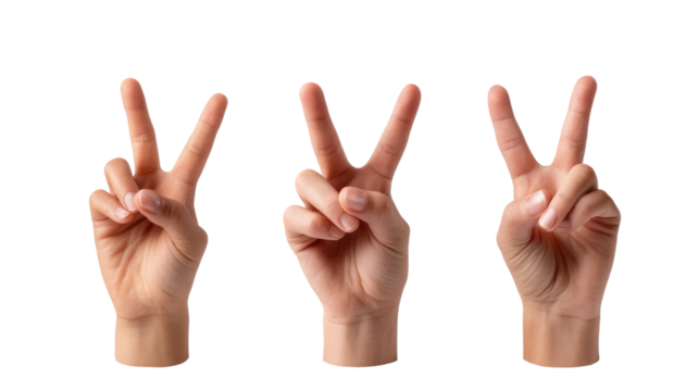 Gesture of Peace: Three hands display the universally recognized "V" sign, a symbol of peace and unity. A versatile image to represent hope, support, or victory.