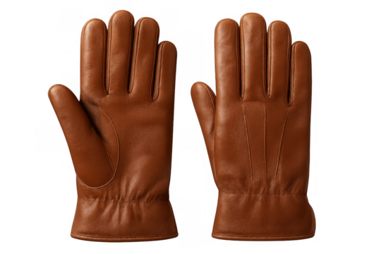 Luxurious brown leather gloves protecting hands, offering warmth with sophisticated design against transparent backdrop - Powered by Adobe