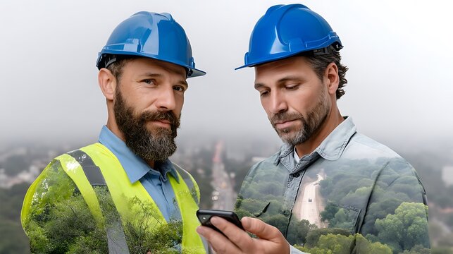 Construction Workers Overlaid with Nature Scene Using Technology for Project Management