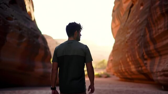 Man Walks Through Majestic Canyon Exploring Natures Beauty at Sunrise.