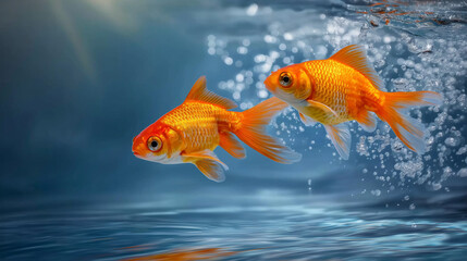 Fototapeta premium Golden Fish in Aquarium: Two vibrant goldfish gracefully swim in crystal-clear water, their scales shimmering in the light, creating a serene and captivating underwater scene.