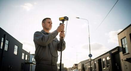 Male gas industry worker performing maintenance using a specialized detecting device. Industrial safety and danger detection concept.