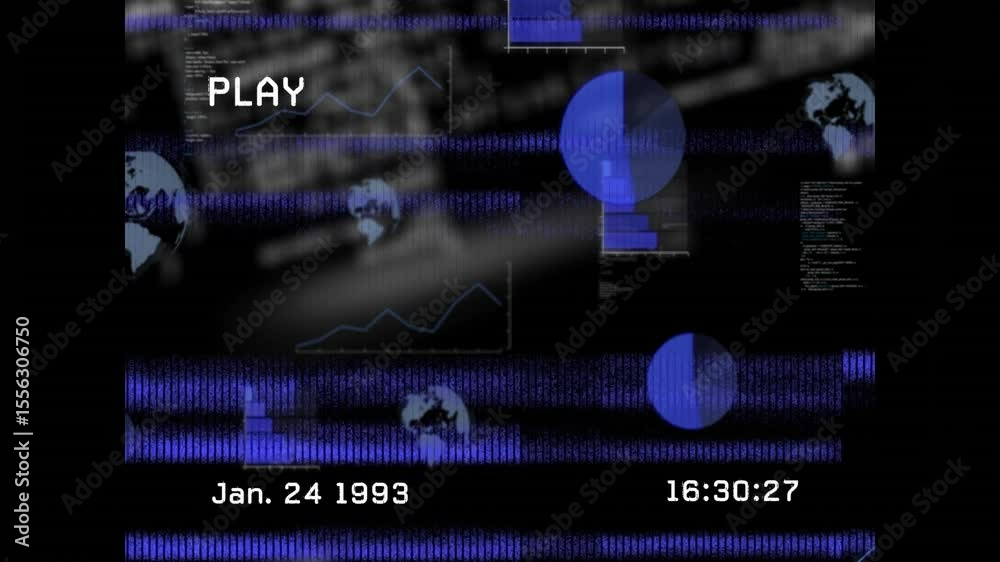 Poster timestamp hitting 16:30:22 showing play indicator, code scrolling and charts animating in vhs loop