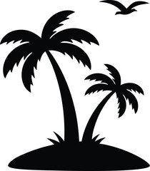 Silhouette of Palm Trees on Island with Flying Bird

