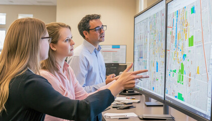 Urban planners analyzing cadastral map on computer screens