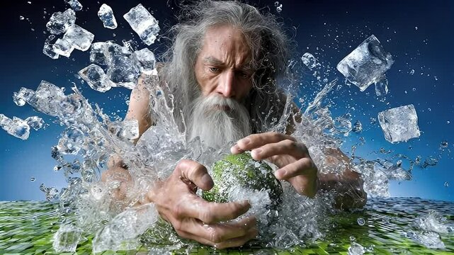Elderly man with long beard holding melon surrounded by exploding ice cubes and water
