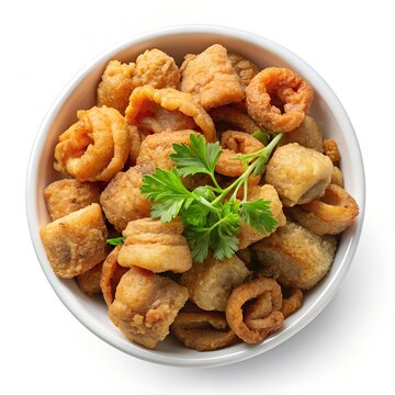 torresmo in bowl on white background 