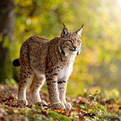 Elegant lynx in natural calling pose captured in a woodland environment with minimalist touch