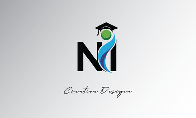 NI Creative Letter Logo with Graduation Cap and Abstract Human – Modern Education and Learning Symbol Design