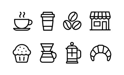 Outline icons of coffee, cafe, and pastry elements: cups, beans, shop, and treats