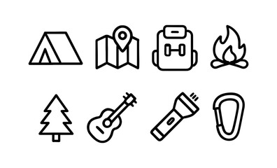 Minimalist camping icon set featuring tent, backpack, map, guitar, fire, tree, flashlight, and carabiner