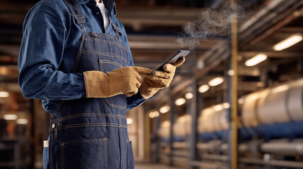 Man in overalls using a smartphone in an industrial setting with smoke