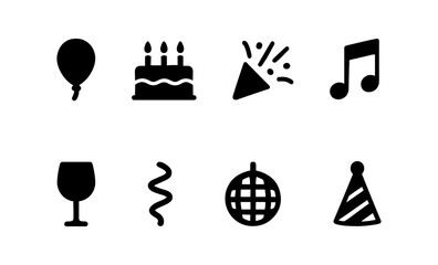 Celebratory icons collection: balloon, cake, party popper, music note, wine glass, streamer, disco ball, party hat