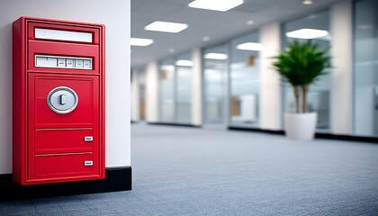 Red fire alarm box in office hallway