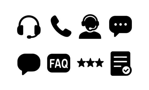 Customer service icons: headset, phone, faq, chat, rating, checklist