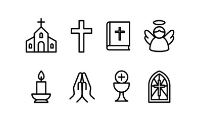 Religious icons: church, cross, bible, angel, candle, prayer, eucharist, stained glass