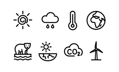 Climate change icons: renewable energy, global warming, and environmental impact symbols