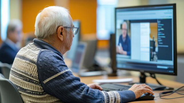 Senior man following online class using computer in library
