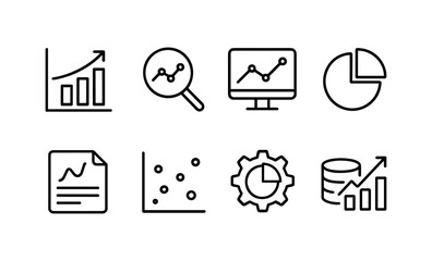 Essential data analysis icons: graphs, charts, and tools for business insights