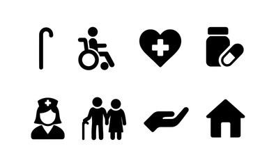 Fototapeta premium Set of healthcare and elderly care icons: wheelchair, heart, medicine, nurse, elderly couple, assistance