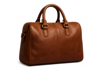 Luxurious brown leather handbag, featuring gleaming golden hardware, elegantly positioned on clean transparent backdrop