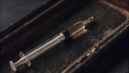 Syringe with solution: An evocative close-up of a syringe, filled with a mysterious solution, resting in a worn tray, highlighting themes of health, treatment, and potential risk.