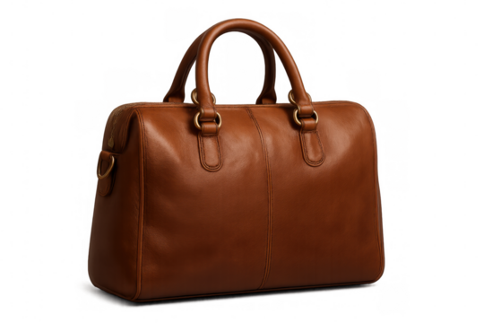 Luxurious brown leather handbag, featuring gleaming golden hardware, elegantly positioned on clean transparent backdrop