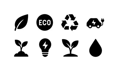 Eco friendly icons: leaf, recycling, electric car, sustainability, nature concepts