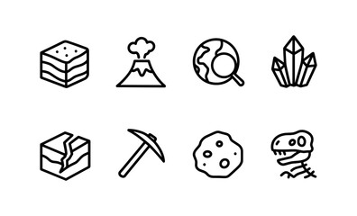 Geology icon set featuring volcanoes, crystals, earth, fossils, and tools for earth science