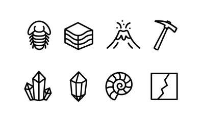 Geology icons: trilobite, volcano, pickaxe, crystal, ammonite, earth layers in minimalist outline style