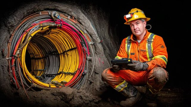 Worker orange safety helmet inspects underground mining tunnel with organized colorful cables and essential equipment ensuring