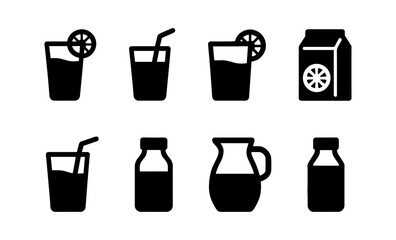 Minimalist beverage icons: juice, milk, bottle, glass, carton